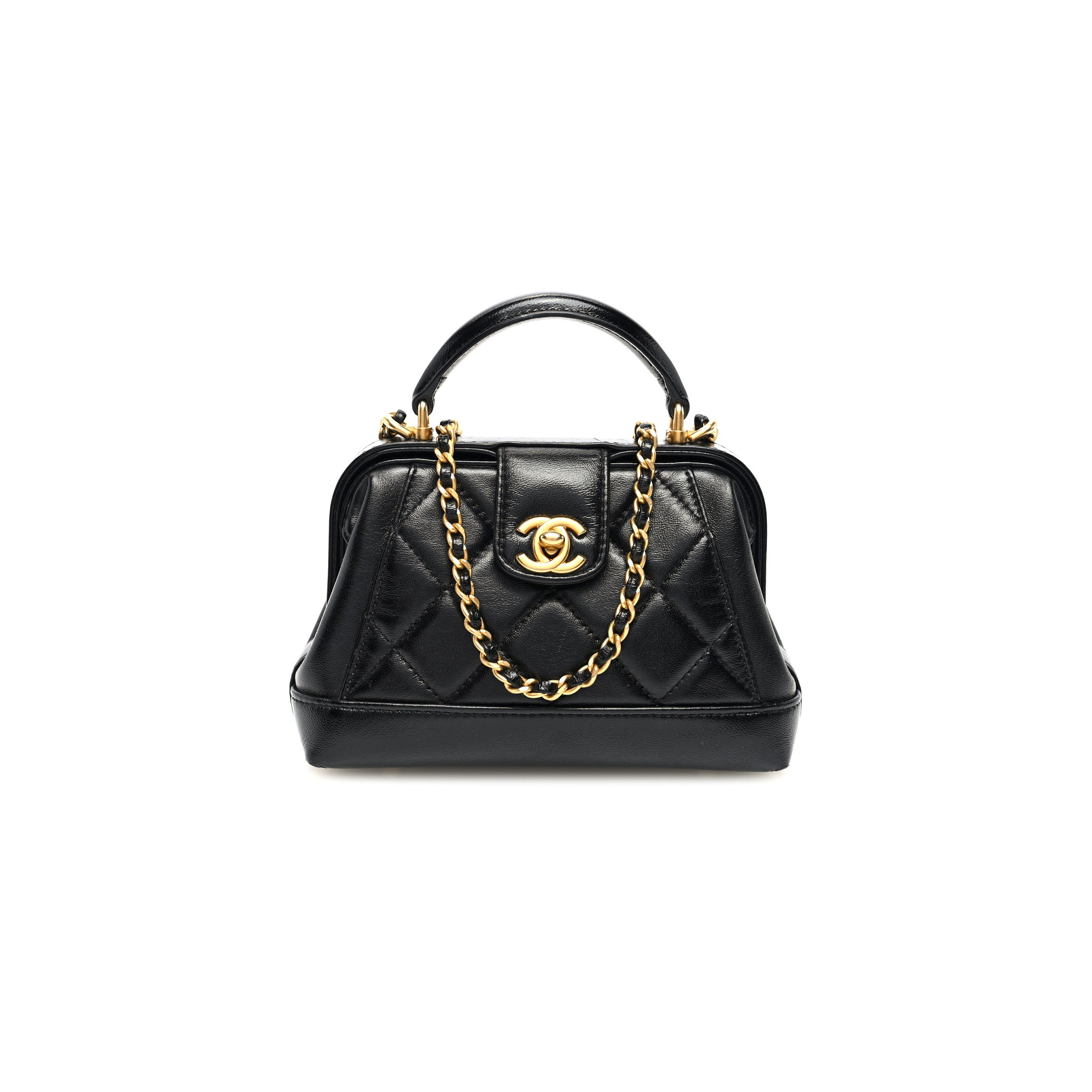 Ch*el shiny lambskin quilted mini cocodoc top handle bag black as4958 (18*12*7cm)